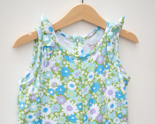 blue and green flower power double gauze romper