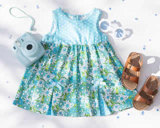 Blue Flower Power and Polka Dot Dress for Baby and Toddler Girls