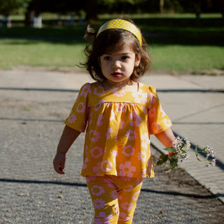 Girls retro vintage mustard yellow top with pink flowers