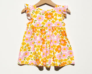Yellow Retro Flower Flutter Sleeve Tunic Dress