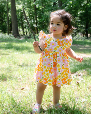 Yellow Retro Flower Flutter Sleeve Tunic Dress