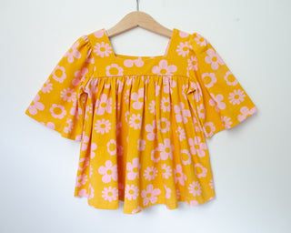 Girls retro vintage mustard yellow top with pink flowers