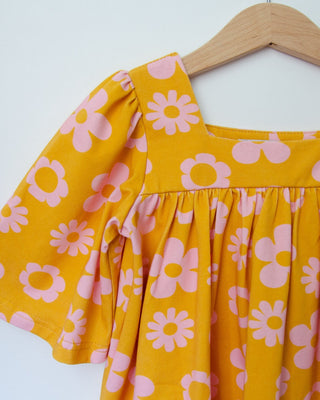 Girls retro vintage mustard yellow top with pink flowers