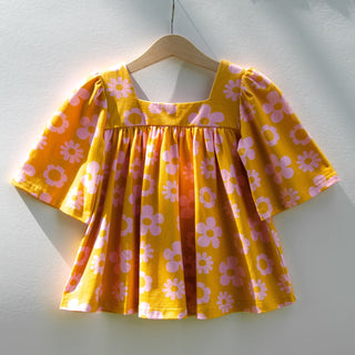 Girls retro vintage mustard yellow top with pink flowers